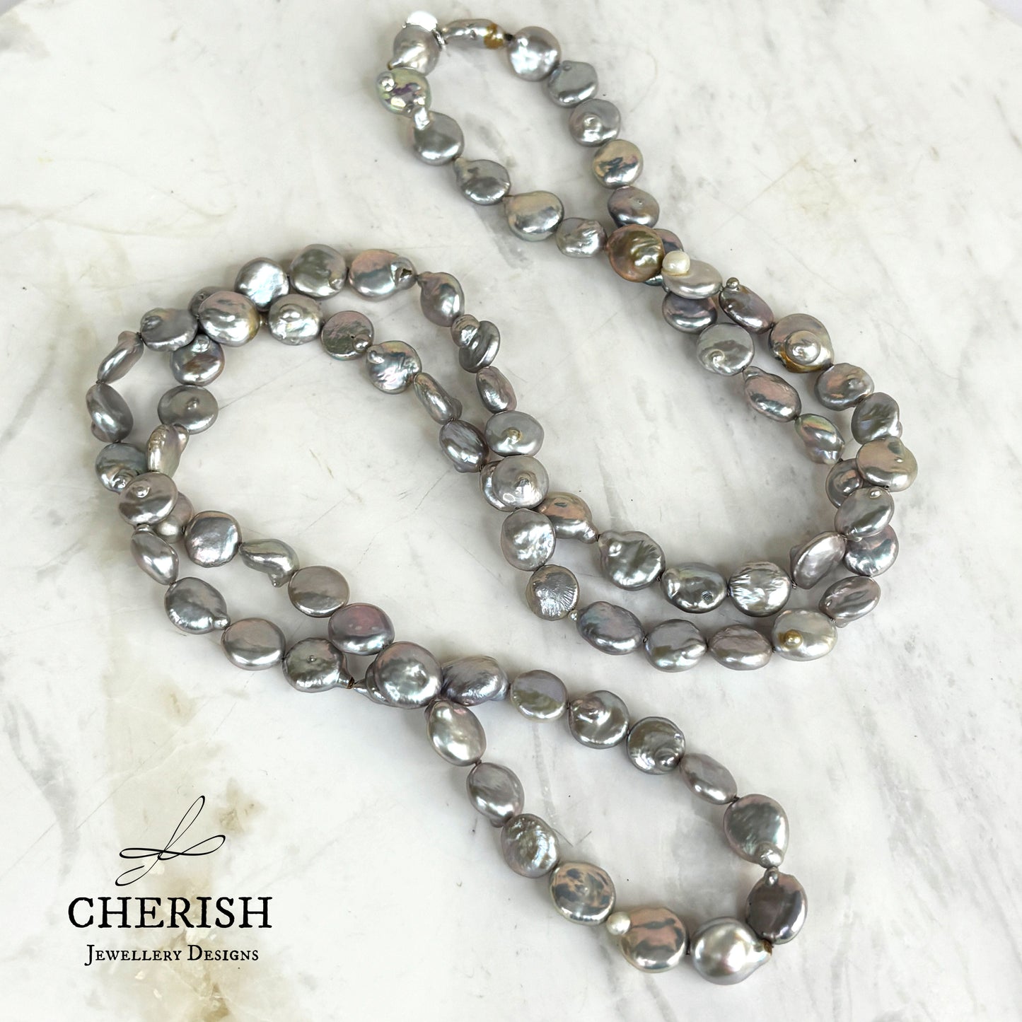 Amarita Grey Coin Opera Length Pearl Necklace