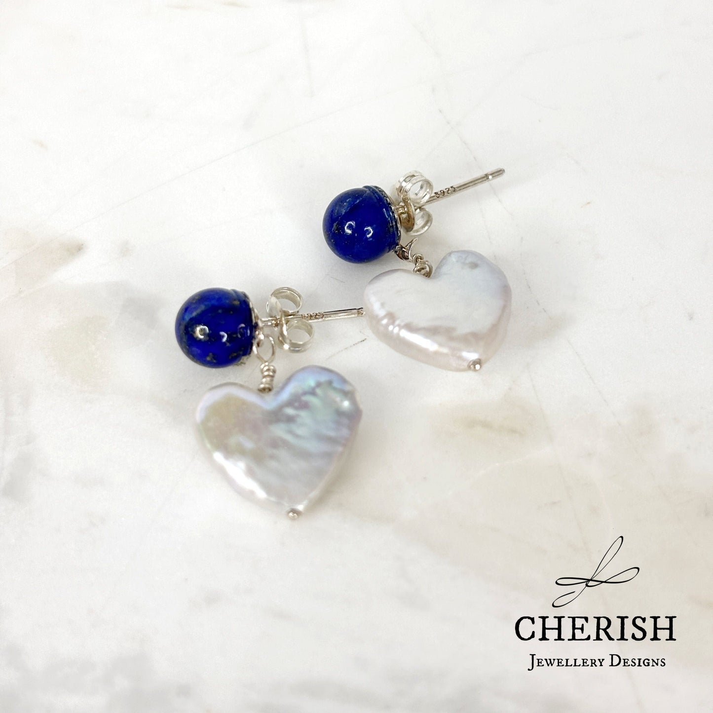 Ayla lapis and mini heart pearl earrings