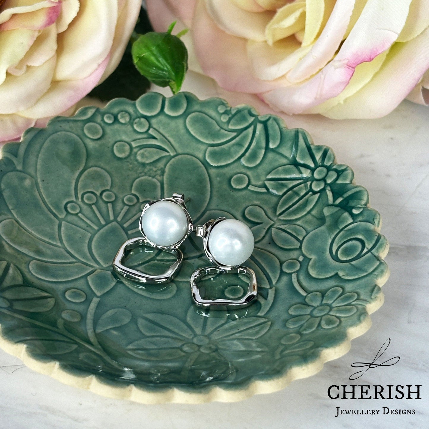 Isla Pearl Stud Earrings with organic square drop - silver or gold