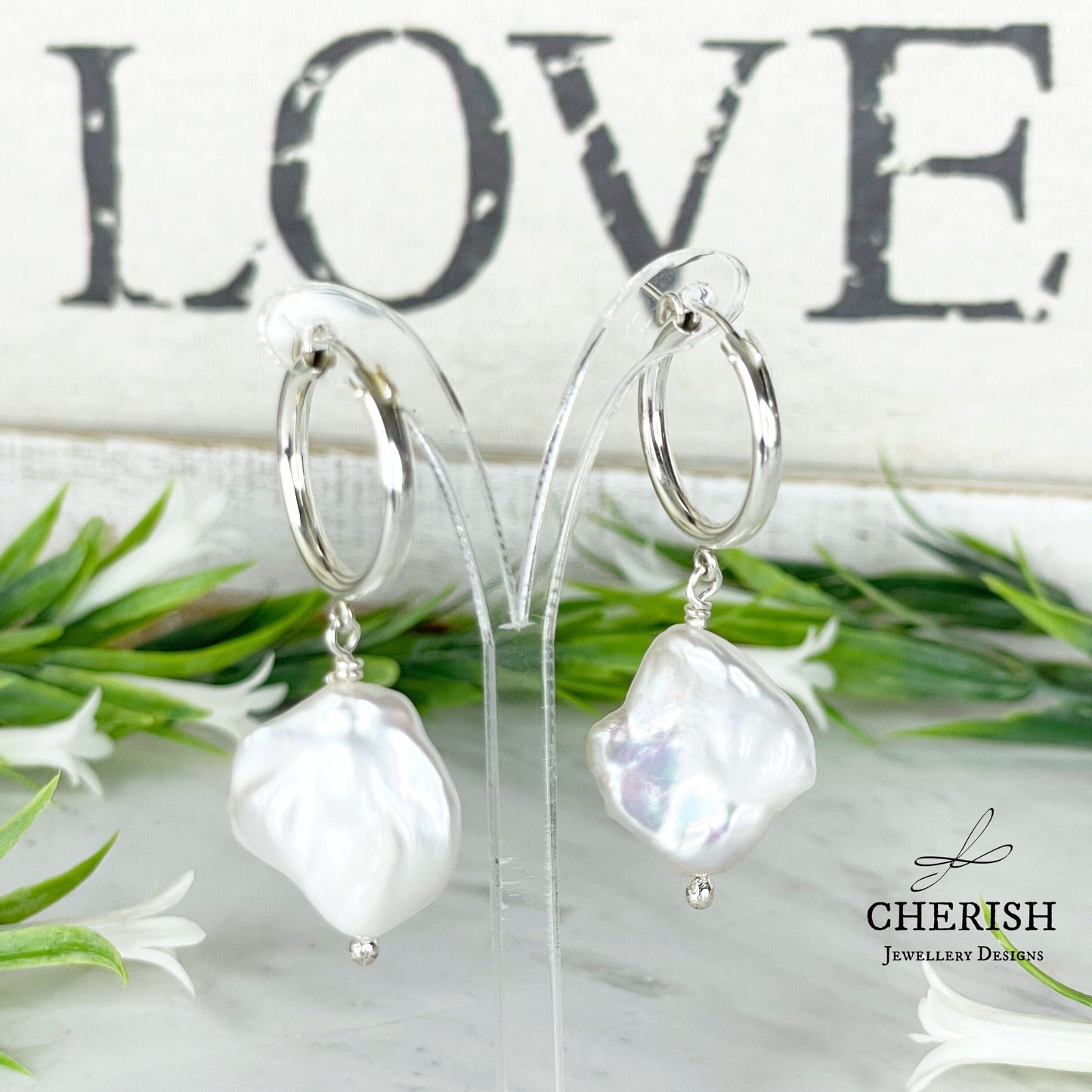 SS Hoops with Keshi Pearl drops