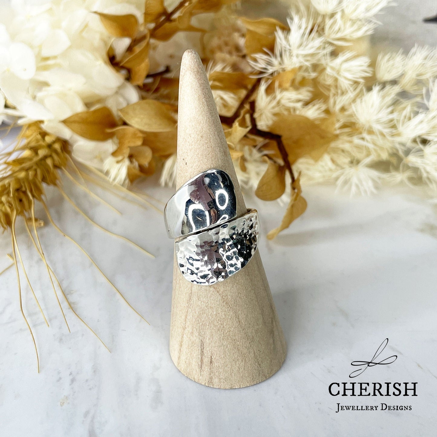 Bypass Sterling Silver Ring with hammered & shiny bands