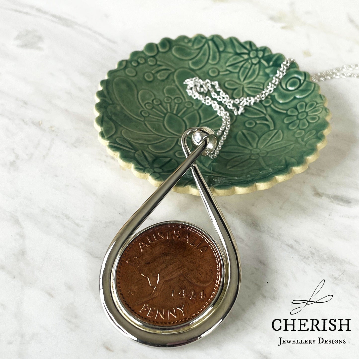 1944 Australian Penny in a Sterling Silver Teardrop Pendant