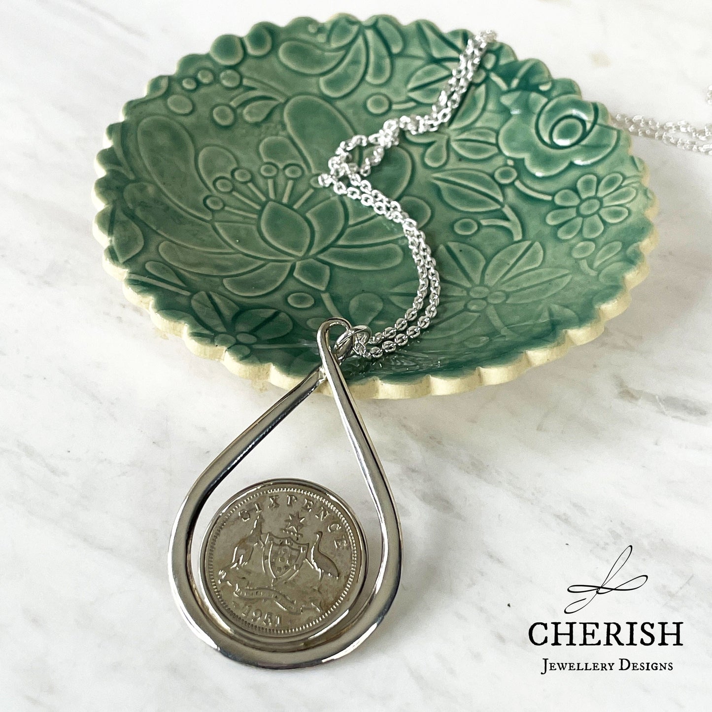 1961 Six Pence Teardrop Coin Pendant