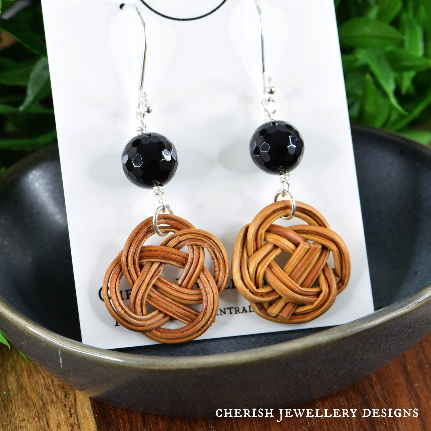 Black Onyx Celtic Knot Rattan Earrings