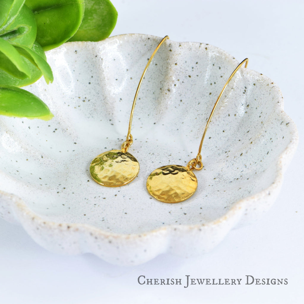 Hammered Disc Marquise Earrings - Vermeil Gold