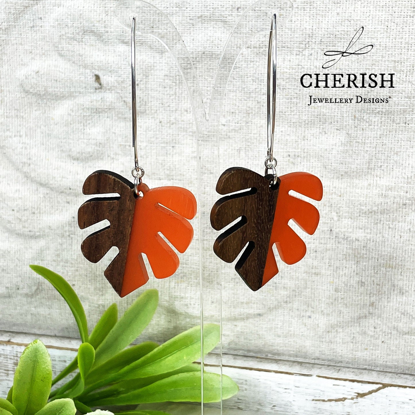 Monstera Resin & Wood Earrings - Tangerine