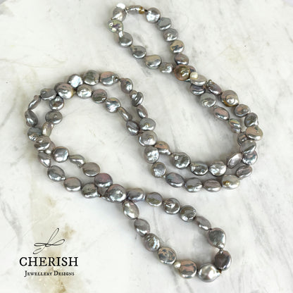 Amarita Grey Coin Opera Length Pearl Necklace