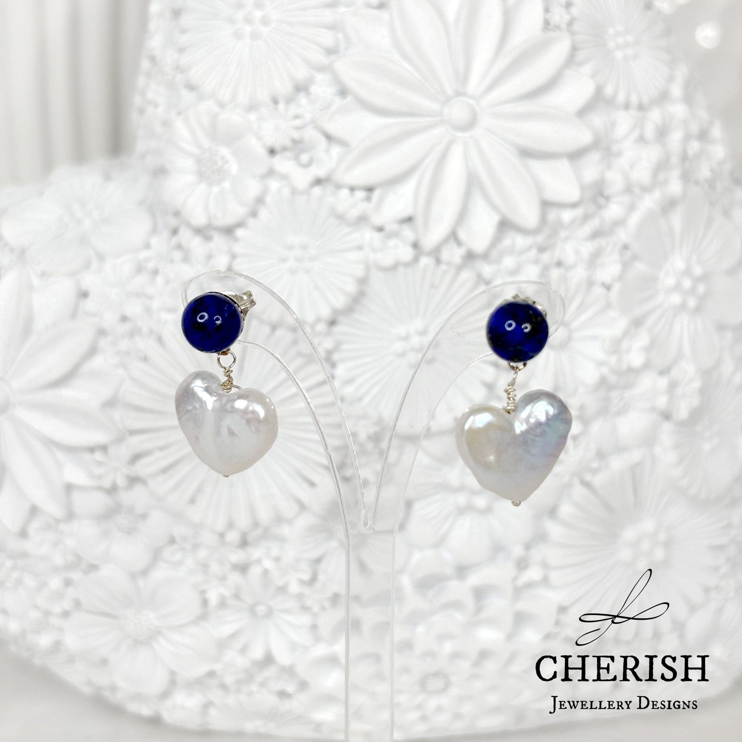 Ayla lapis and mini heart pearl earrings