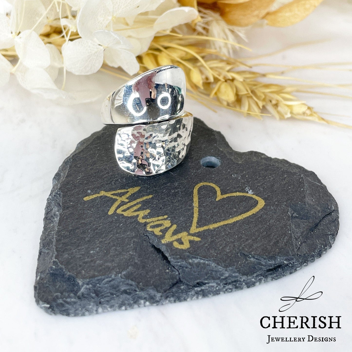 Bypass Sterling Silver Ring with hammered & shiny bands