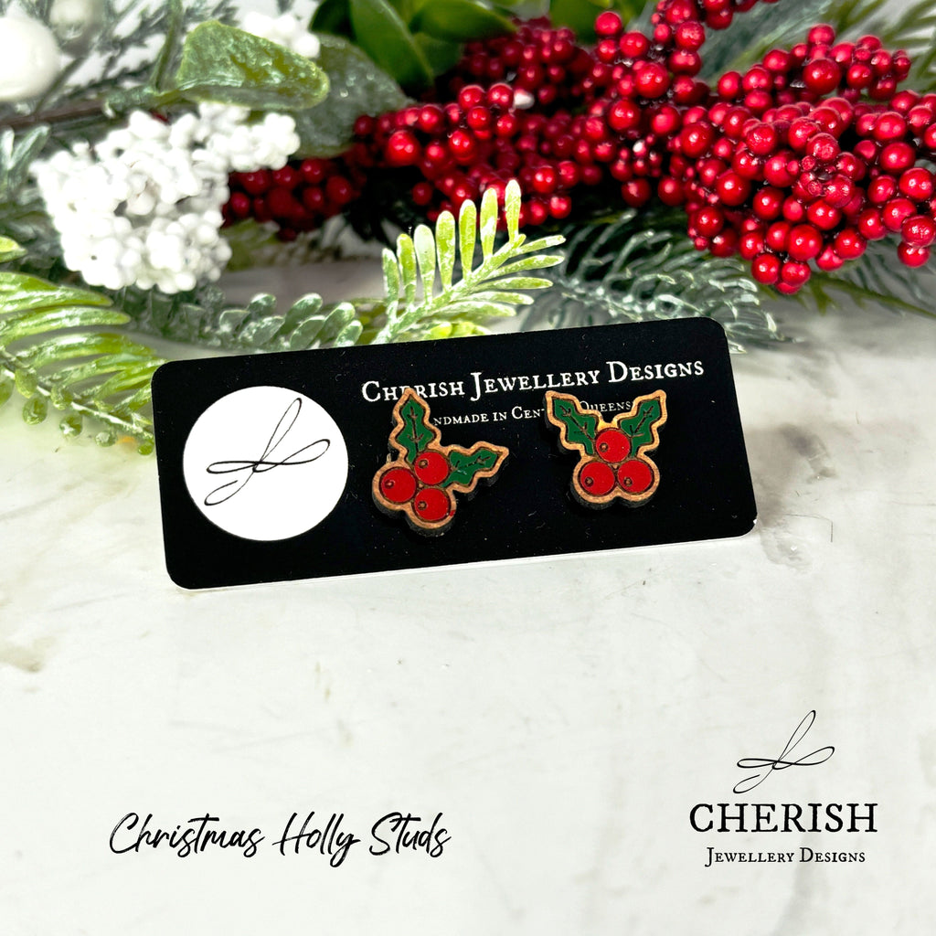 Christmas Holly studs - Handpainted