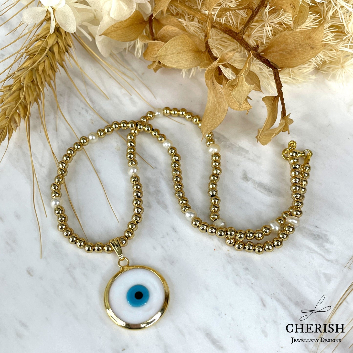 Evil Eye Gold with Pearls Necklace - 3 colours