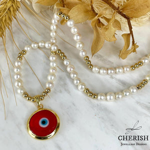 Evil Eye Pearl and Gold Necklace - Red