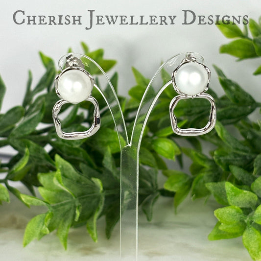 Isla Pearl Stud Earrings with organic square drop - silver or gold