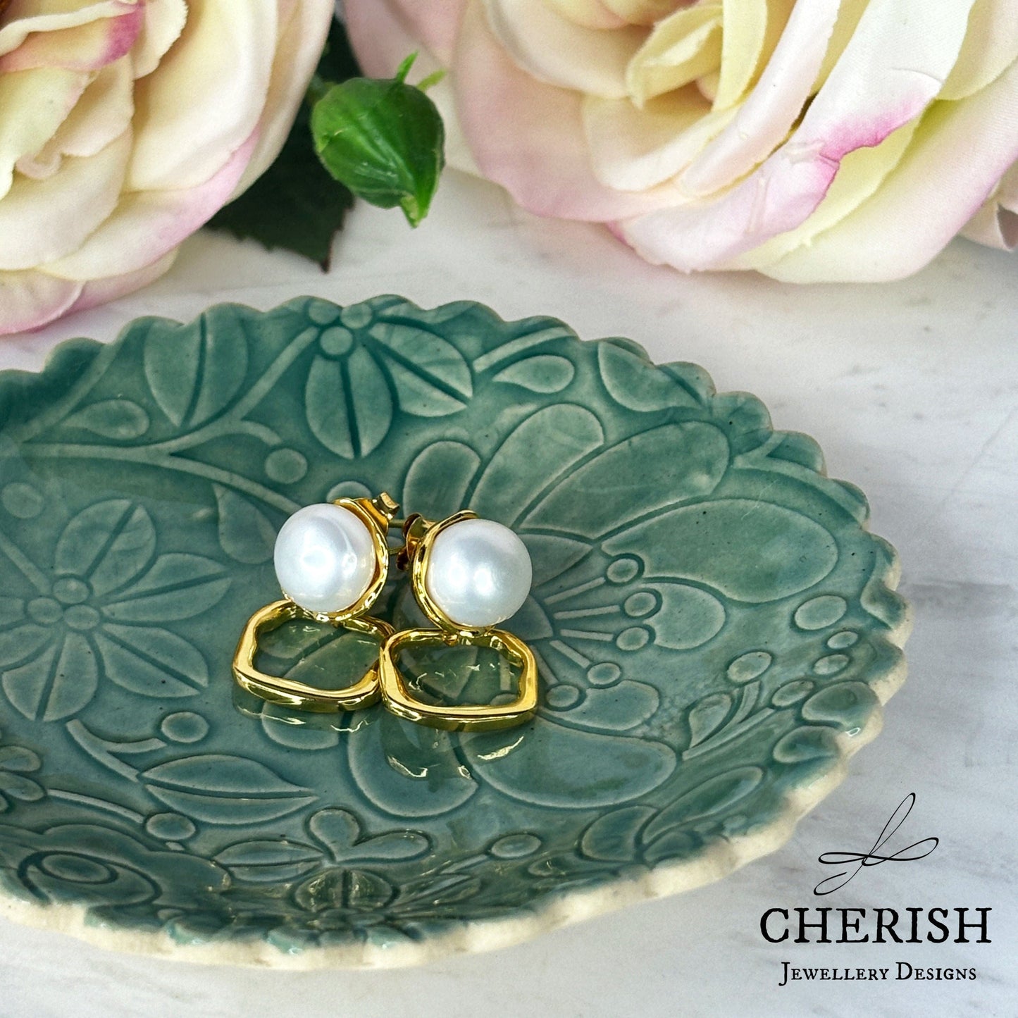 Isla Pearl Stud Earrings with organic square drop - silver or gold