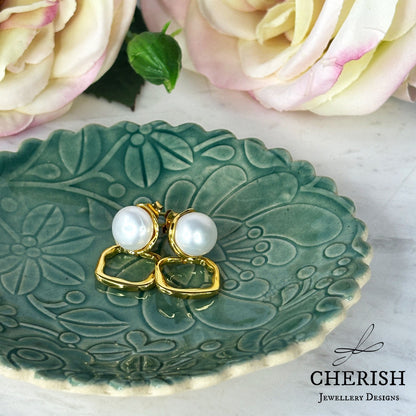 Isla Pearl Stud Earrings with organic square drop - silver or gold