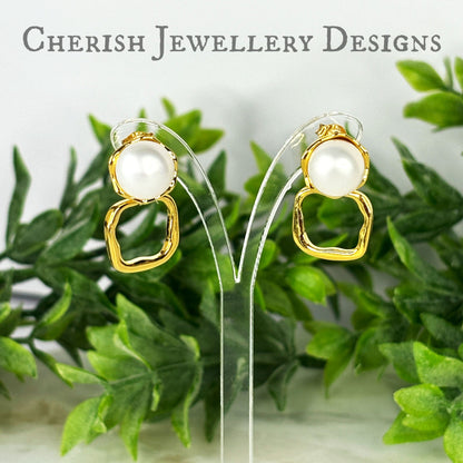 Isla Pearl Stud Earrings with organic square drop - silver or gold