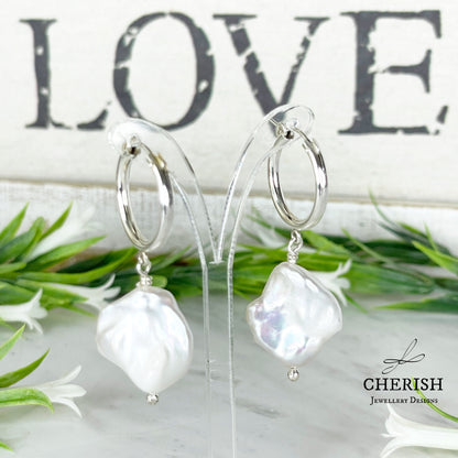 SS Hoops with Keshi Pearl drops