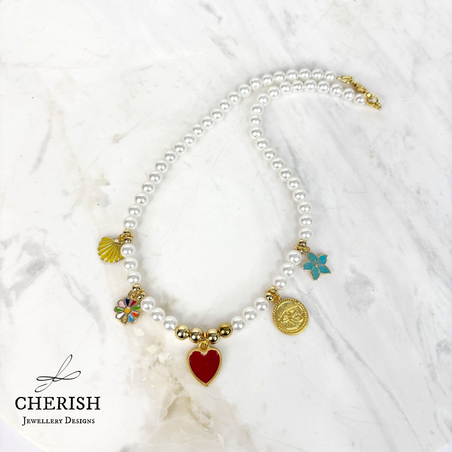 Lalita Pearl Necklace - Red Enamel Heart