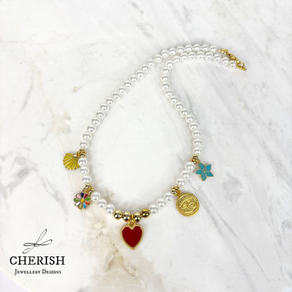 Lalita Pearl Necklace - Red Enamel Heart