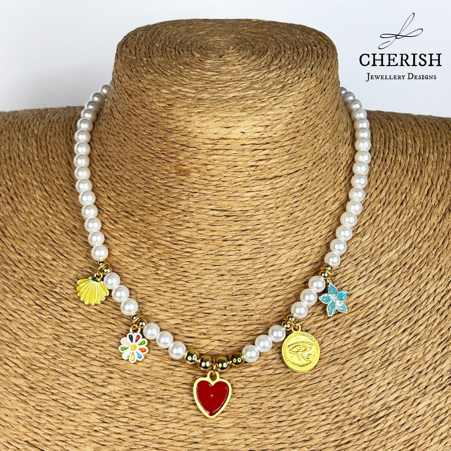 Lalita Pearl Necklace - Red Enamel Heart