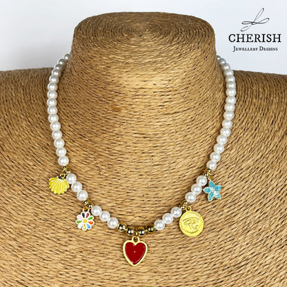 Lalita Pearl Necklace - Red Enamel Heart
