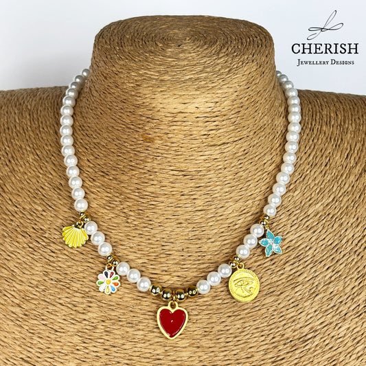 Lalita Pearl Necklace - Red Enamel Heart
