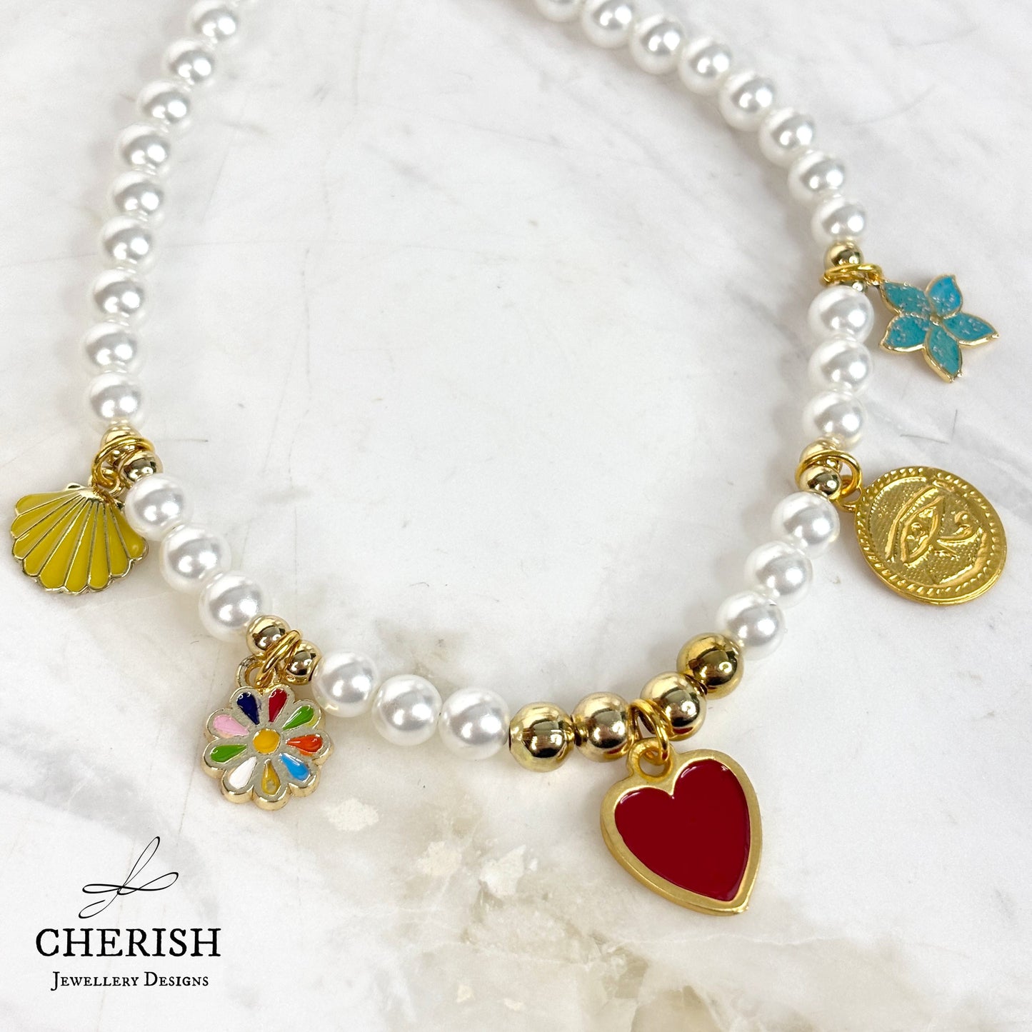 Lalita Pearl Necklace - Red Enamel Heart