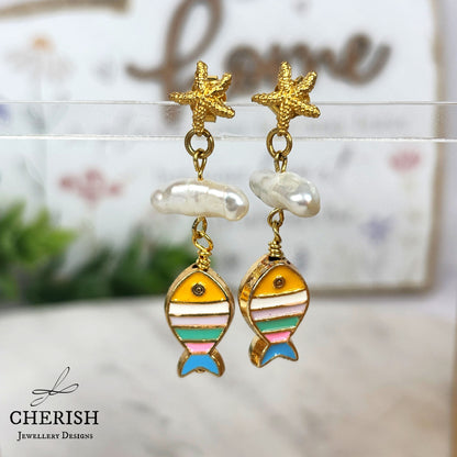 Marina Starfish, Pearl & Enamel Fish Earrings