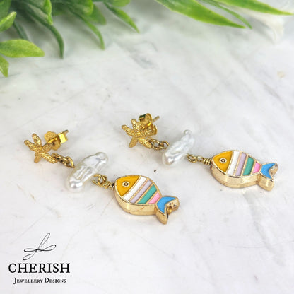 Marina Starfish, Pearl & Enamel Fish Earrings