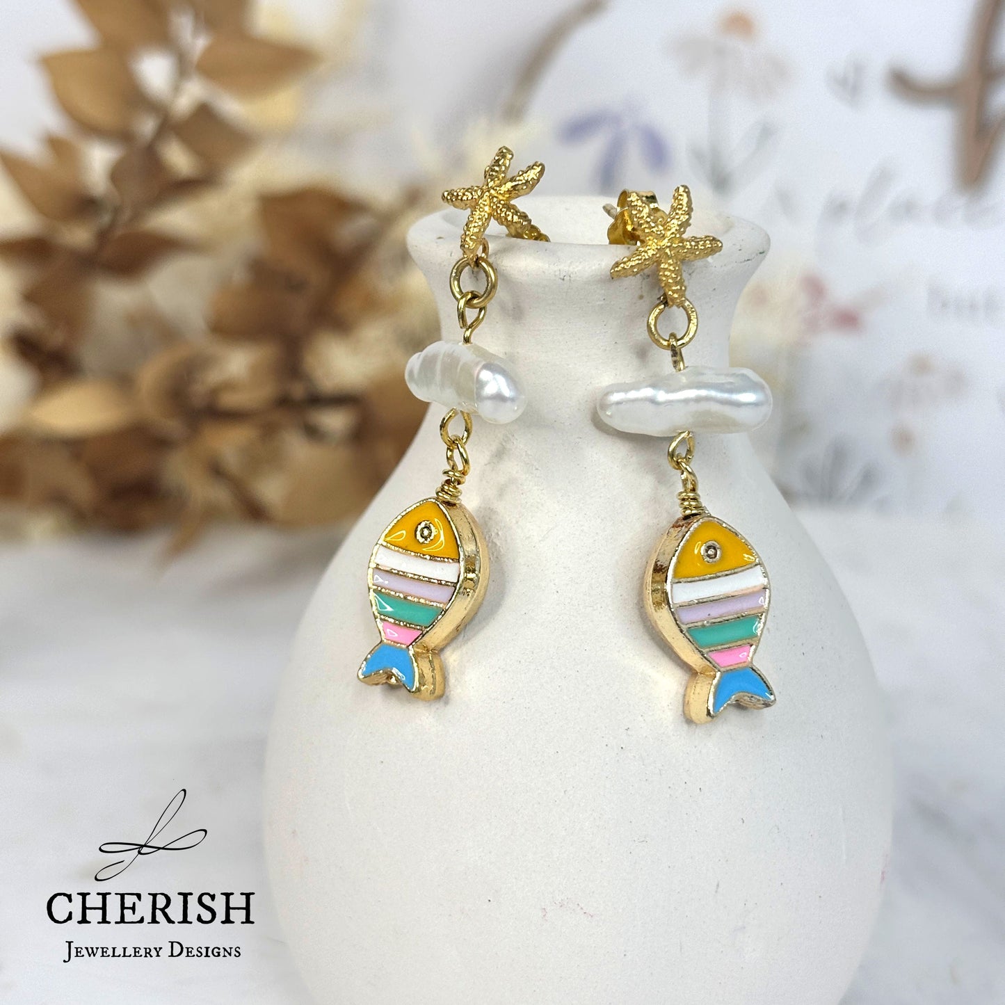 Marina Starfish, Pearl & Enamel Fish Earrings
