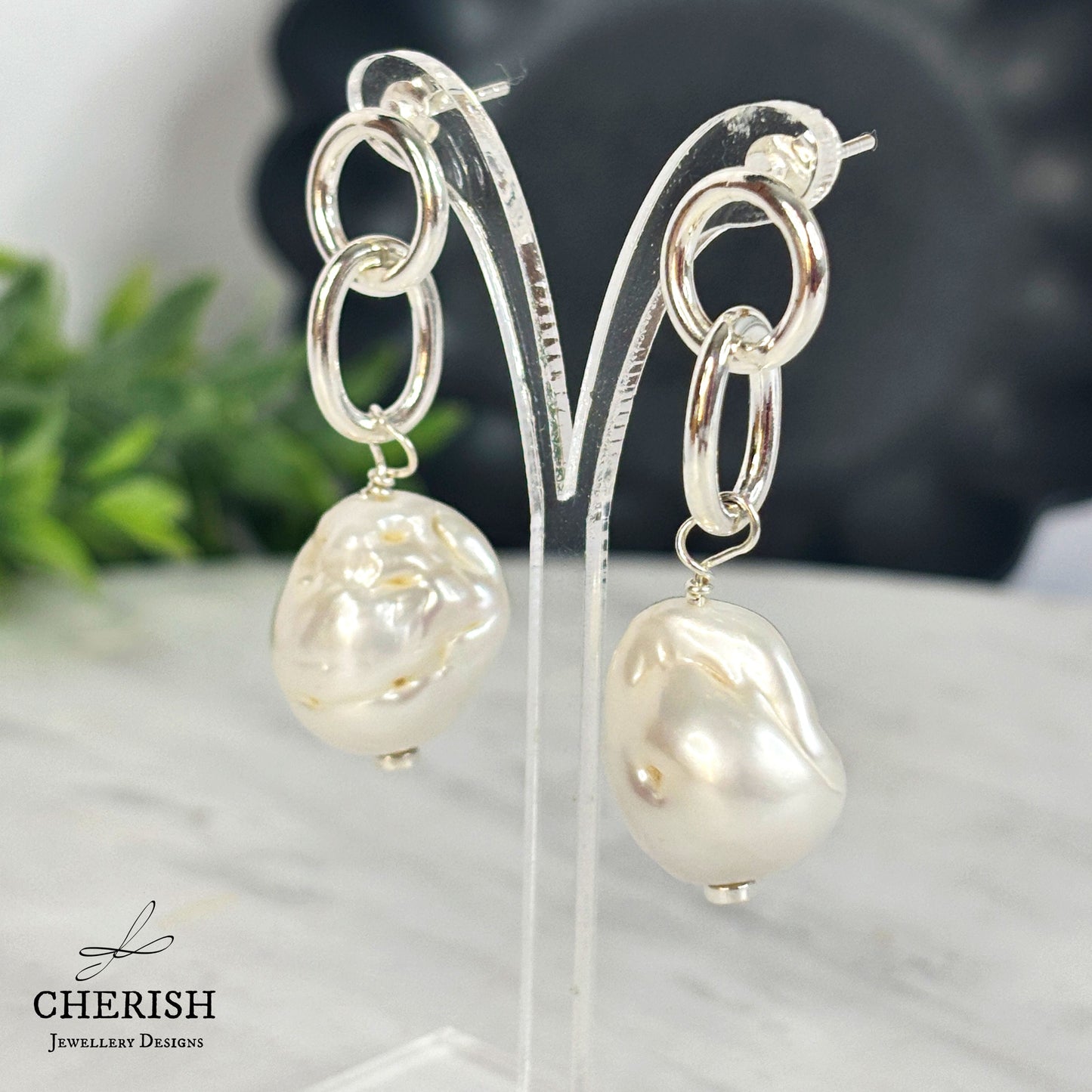 Myka Baroque Pearl and Interlocking Ring earrings