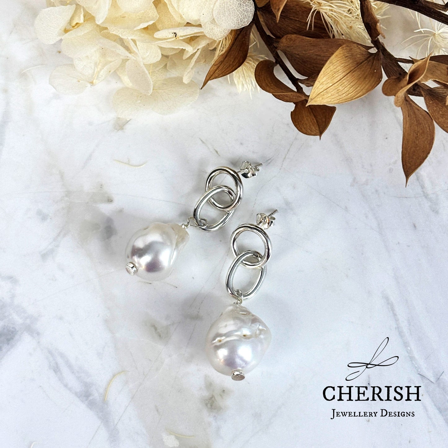 Myka Baroque Pearl and Interlocking Ring earrings
