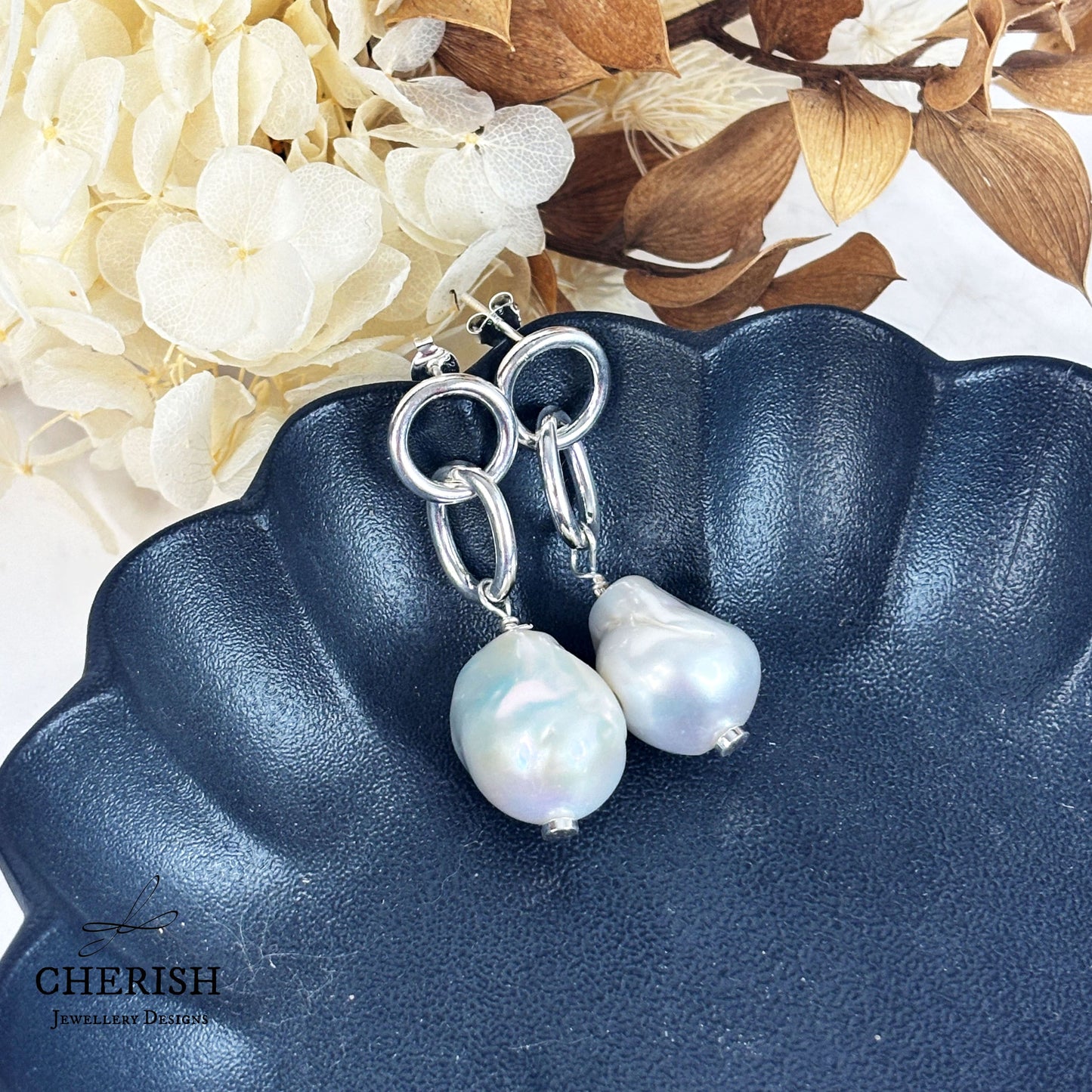 Myka Baroque Pearl and Interlocking Ring earrings