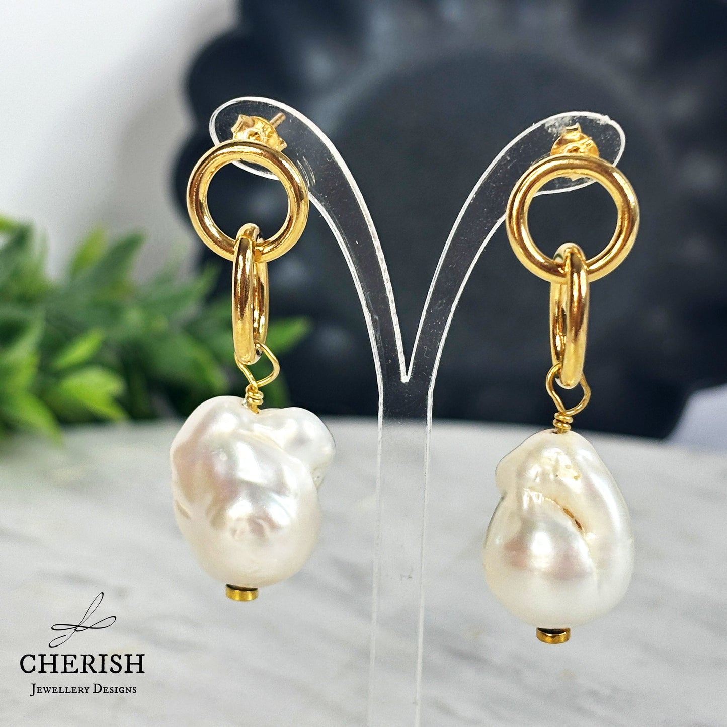 Myka Baroque Pearl and Interlocking Ring earrings