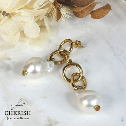 Myka Baroque Pearl and Interlocking Ring earrings