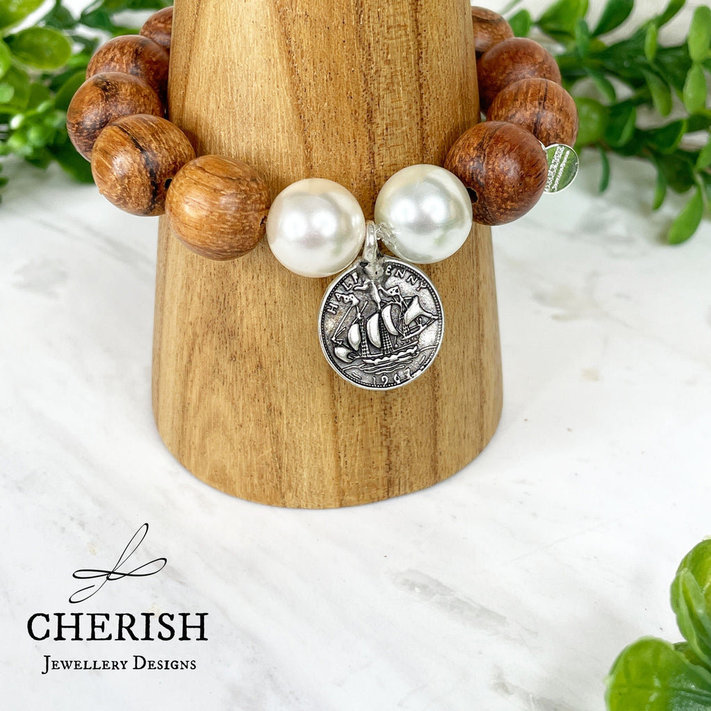 Penny Timber and Pearl Bracelet