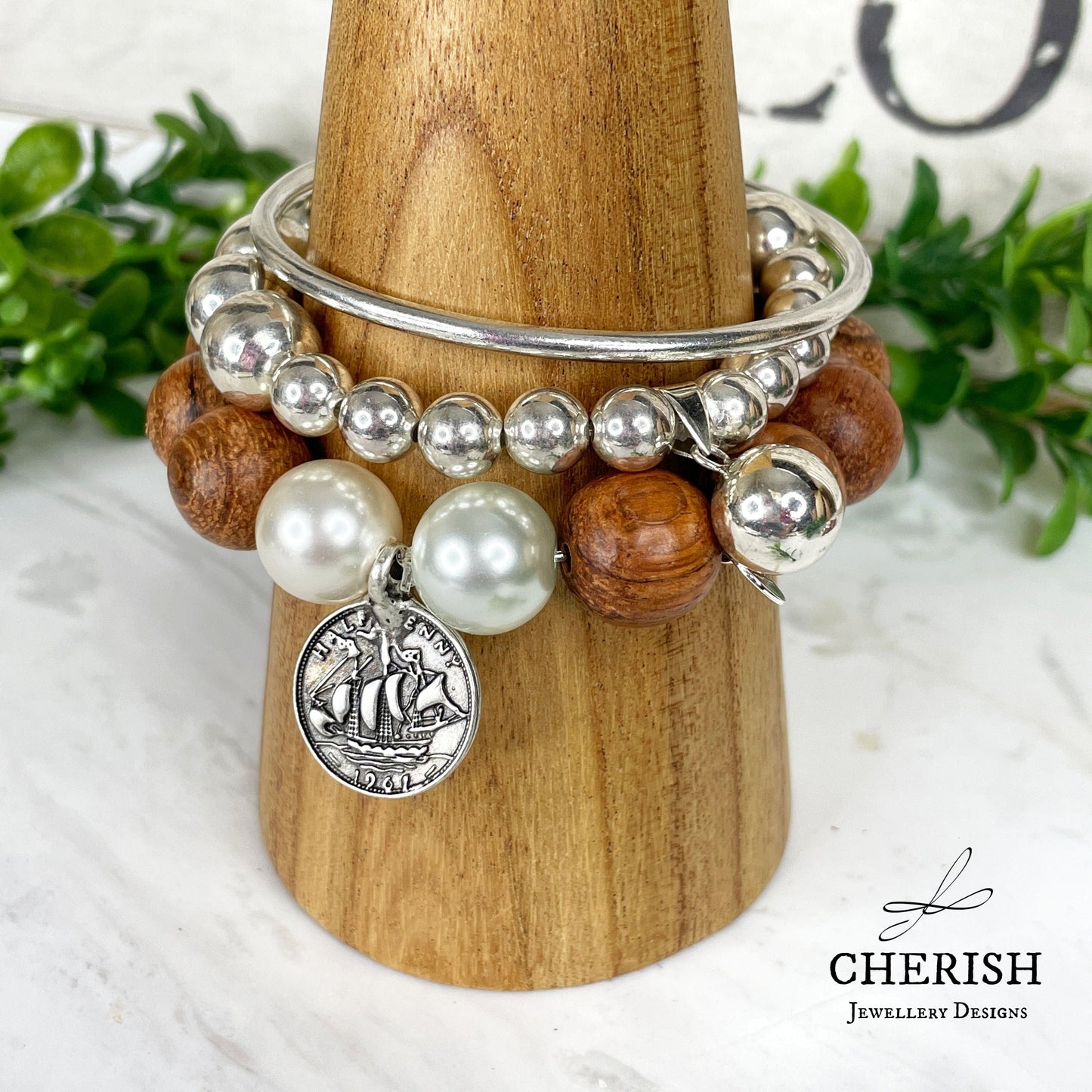 Penny Timber and Pearl Bracelet