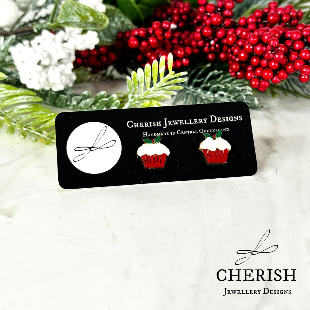 Plum Pudding Christmas Stud Earrings - Handpainted