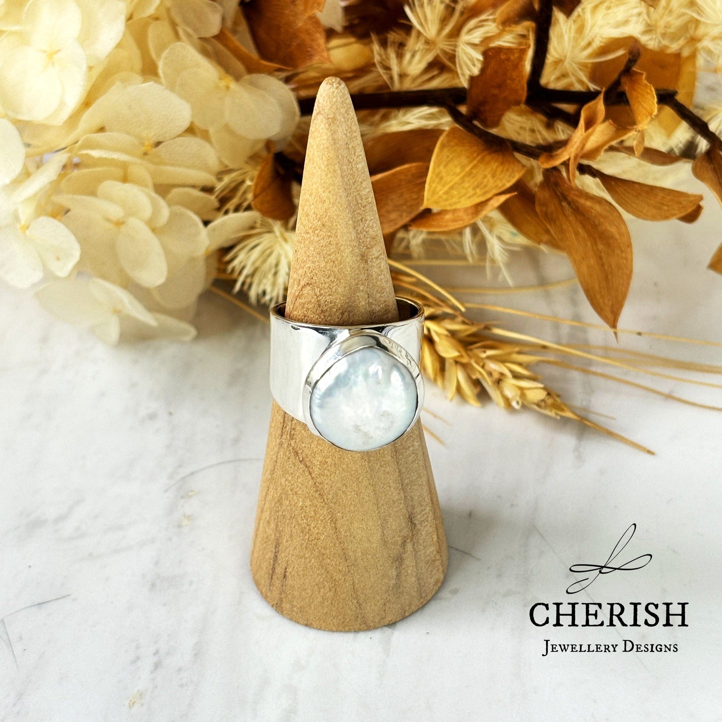 Baroque Pearl Wide Band Ring