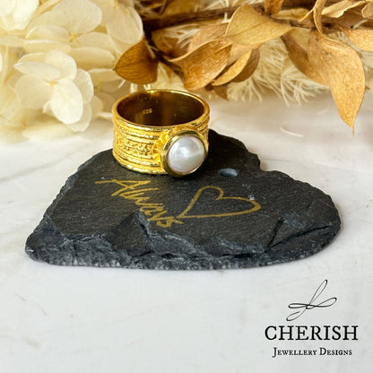 Round Pearl Ring with Intricate Band in Gold