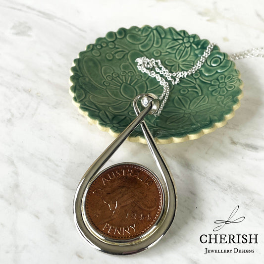 1944 Australian Penny in a Sterling Silver Teardrop Pendant