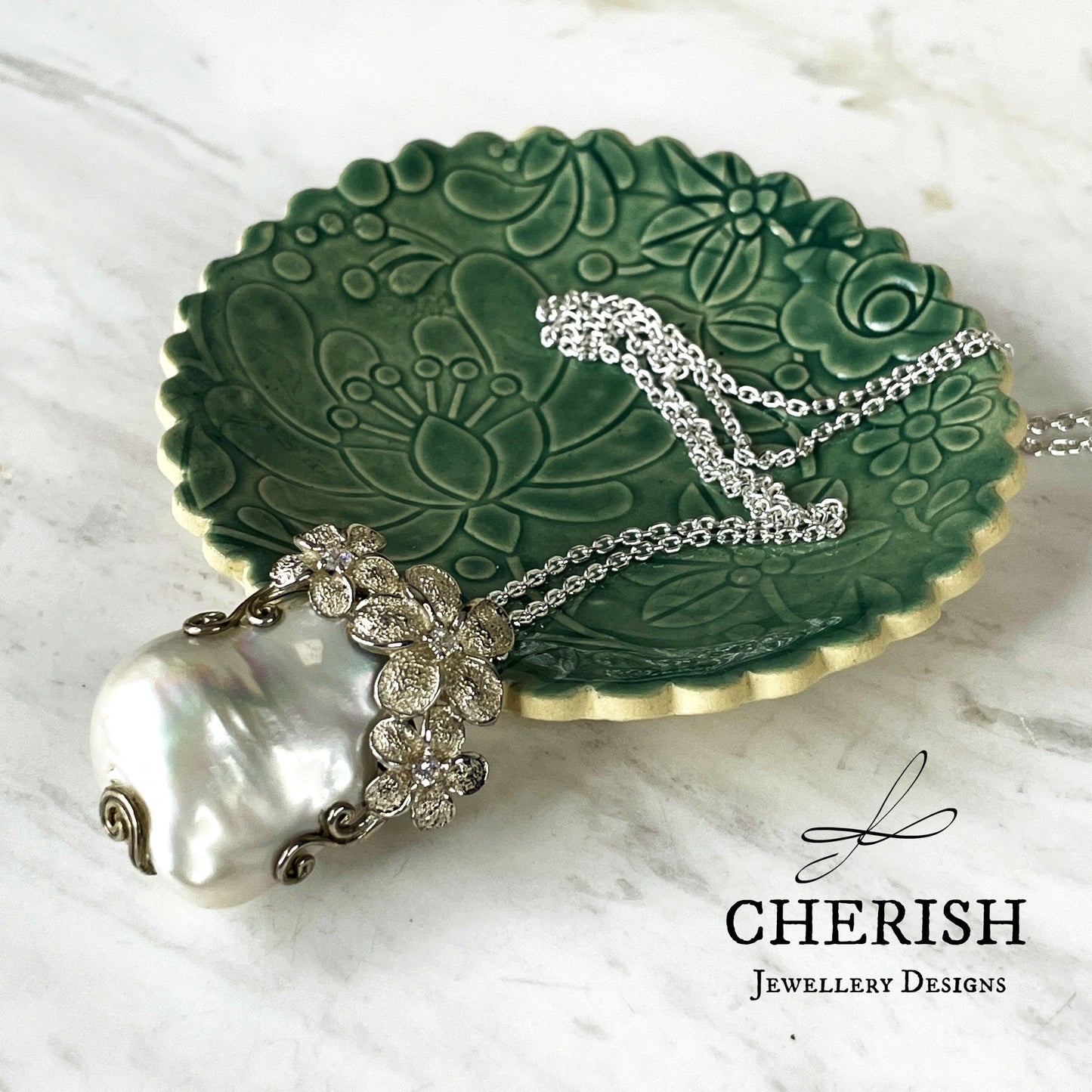 Sterling Silver Baroque Pearl Pendant with Flowers