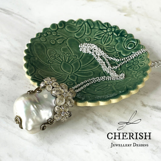 Sterling Silver Baroque Pearl Pendant with Flowers