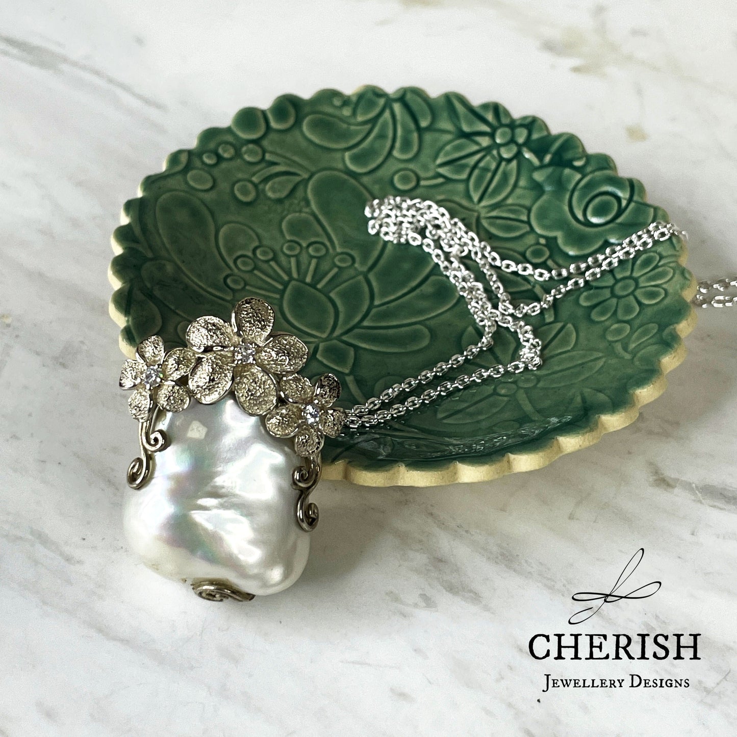 Sterling Silver Baroque Pearl Pendant with Flowers