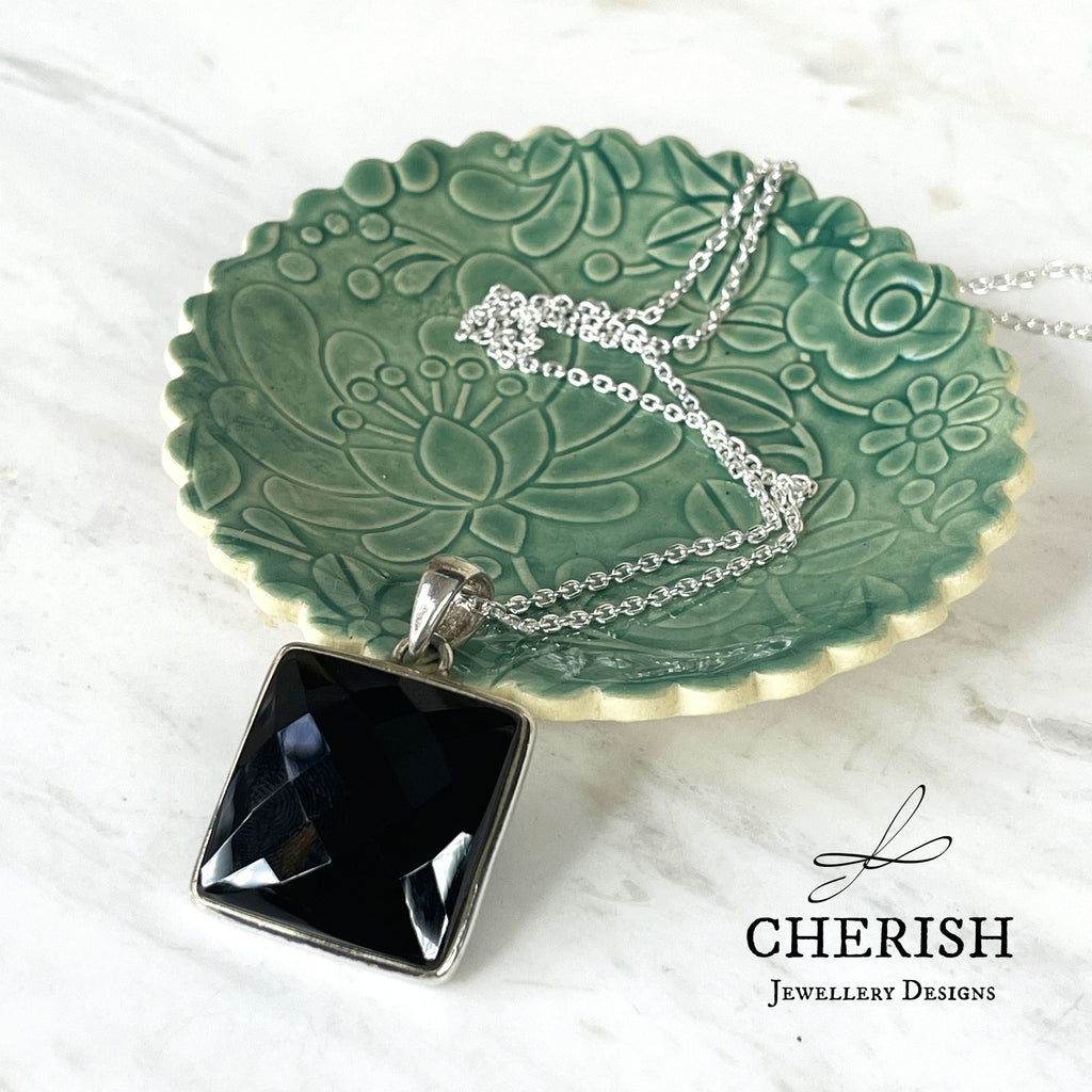 Sterling Silver and Black Onyx Faceted Square Pendant