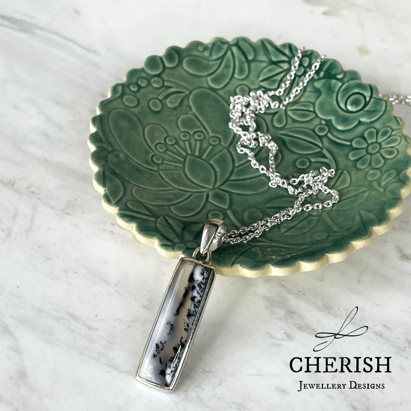 Sterling Silver and Dendritic Opal Bar Pendant