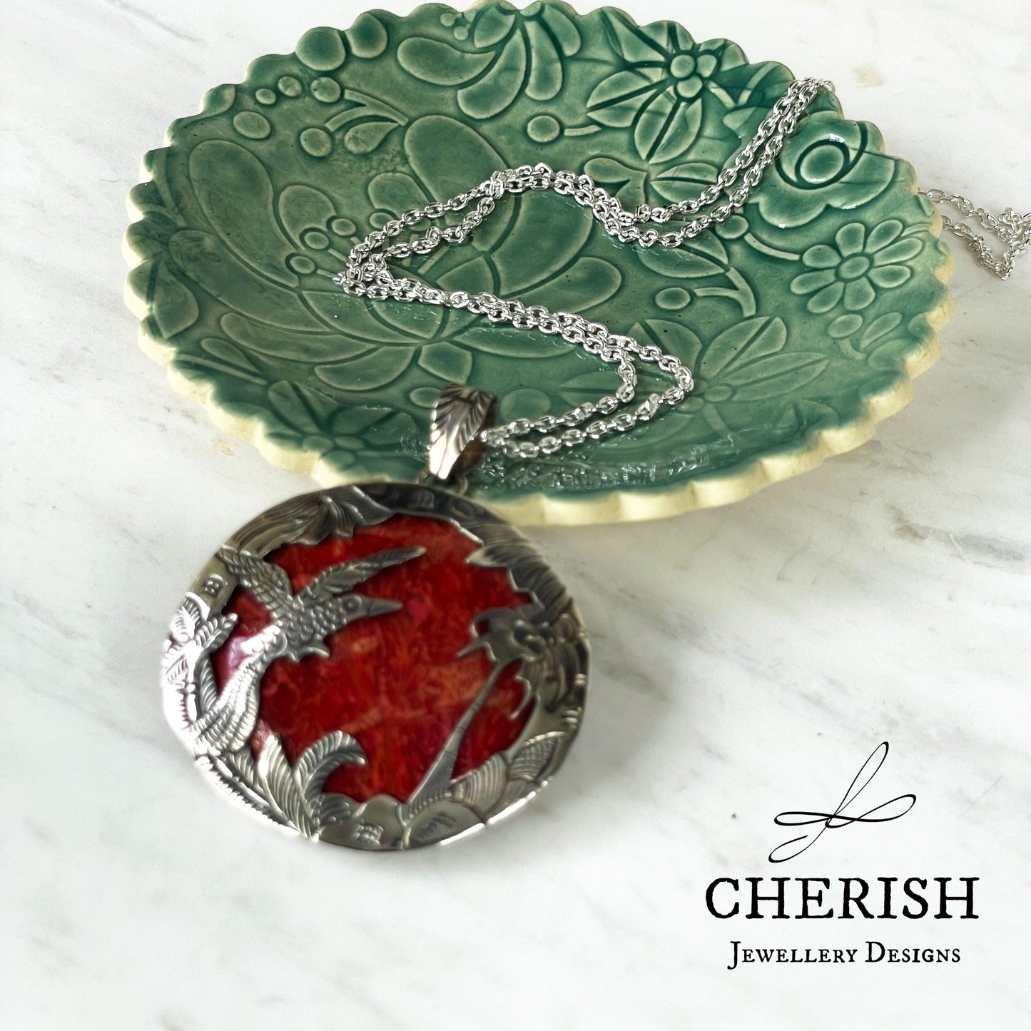 Sterling Silver Red Coral Bird Pendant