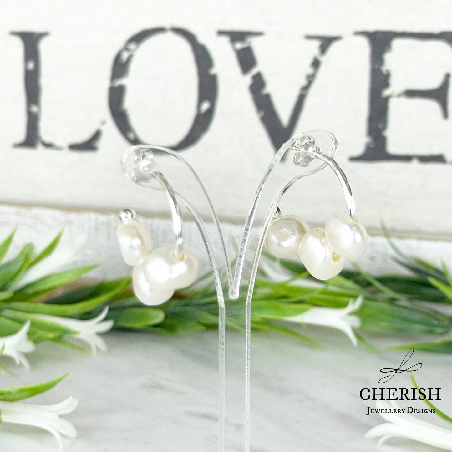 Mikasa - Triple Pearl Stud Hoop Earrings