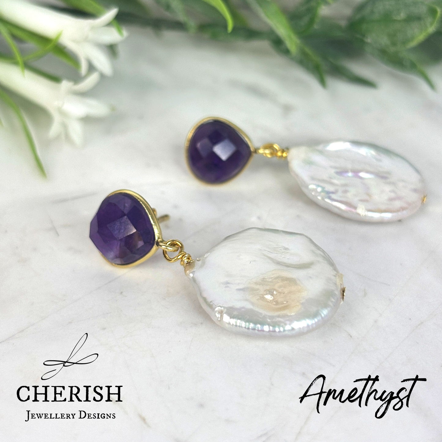 Viviene Golden Glamour Gemstone & Pearl earrings - Amethyst