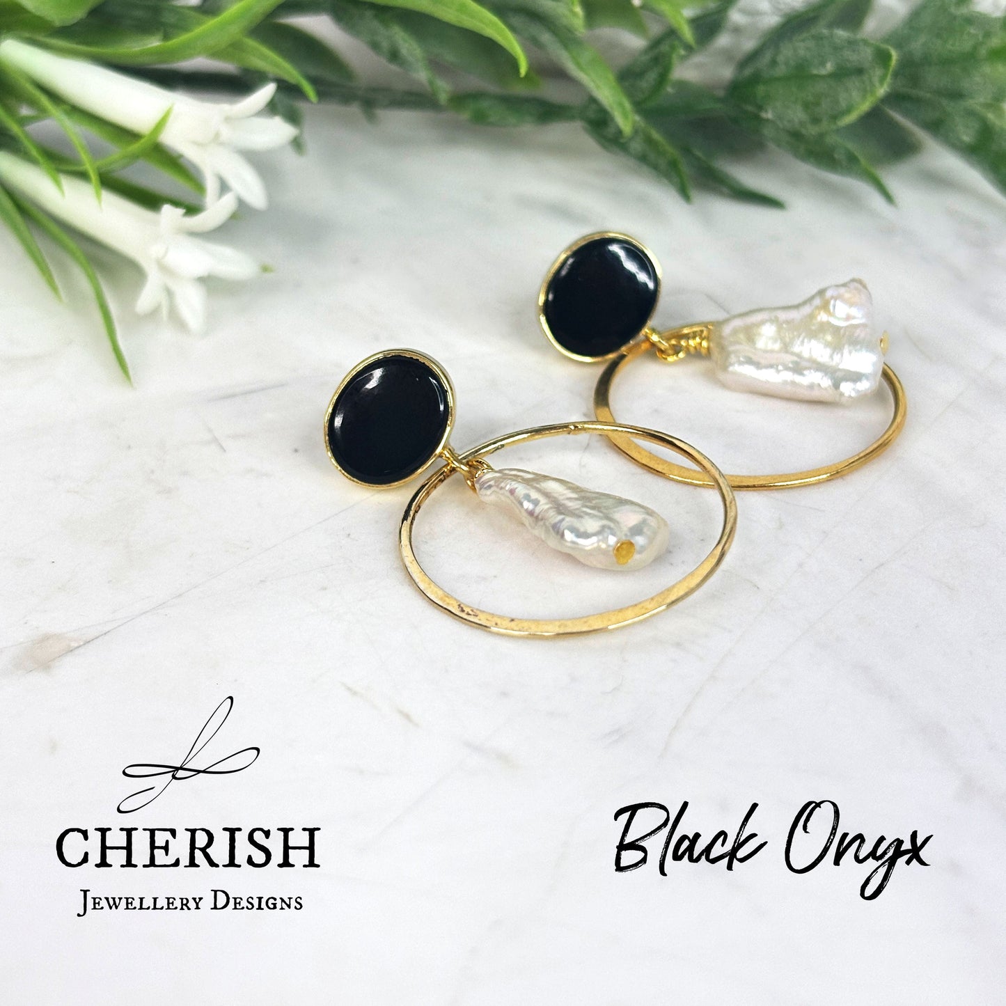 Viviene Golden Glamour Gemstone & Pearl earrings - Black Onyx